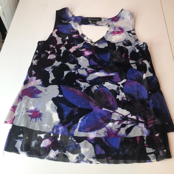 INC Floral Sheer Layered Top - Purple Blue Black Cutout Back Women's Medium - Picture 2 of 16